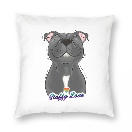 Funda de cojín cuadrada con perro Staffy azul sonriente — funda para sofá