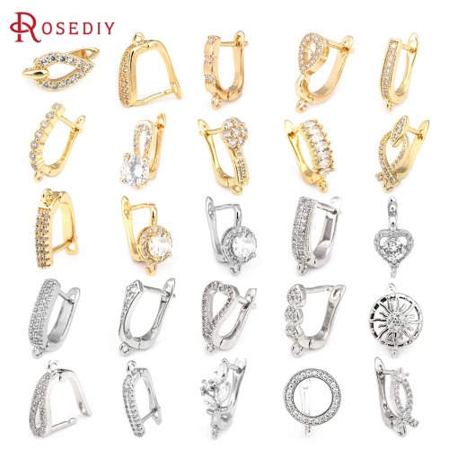 18K Gold-Color Brass Earring Posts with Zircon – Hooks & Clasps, High-Quality DIY Jewelry Findings
