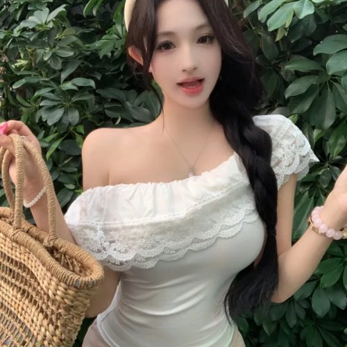 T-shirt femme été slim en maille épaules dénudées avec dentelle, manches courtes — top casual respirant pour ville et bureau