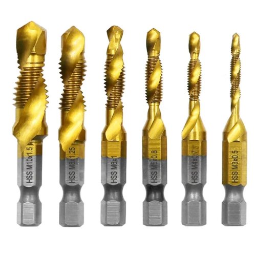 6-delig HSS 4341 draadtap- en boorset, titanium gecoat, geïntegreerd voor machine, inclusief verzink-/faseerfunctie