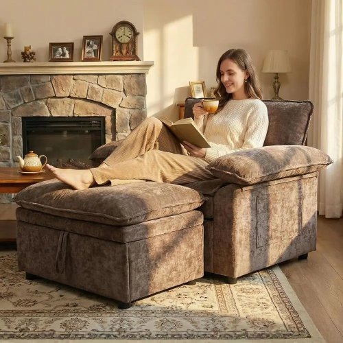 Sillón extragrande de chenilla con otomán con almacenaje – Chaiselongue marrón con asiento acolchado, ideal para leer