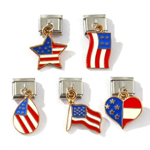 2 szt. ogniwa "Italian charm" ze stali nierdzewnej 304 do bransoletki DIY, pasuje do 9 mm, emalia prostokąt flaga USA 10×9 mm