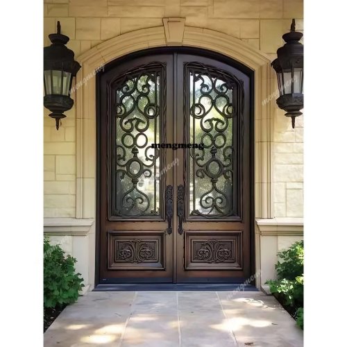 Pintu depan ganda besi tempa dengan kaca untuk villa/rumah pedesaan — pintu luar halaman