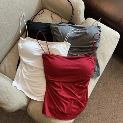 Top court corset femme, taille plissée, coussinet poitrine fixe, sans manches, bretelles fines, uni