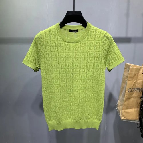 เสื้อถักผู้ชายแขนสั้นหน้าร้อน สไตล์เกาหลี ผ้า Ice Silk ลายแจ็กการ์ด ดีไซน์โปร่งระบายอากาศ