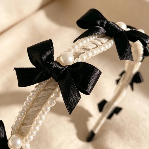 Diadema para mujer con perlas y moño, estilo francés, negro/blanco, elegante para diario y fiestas