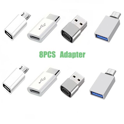 Pack de 8 adaptadores hembra USB-C, convertidores USB-A a USB-C y Micro USB a USB-C, compatibles con cargadores de coche y portátiles