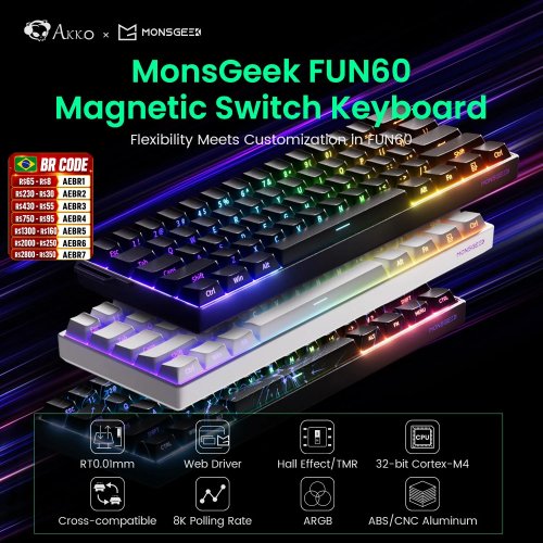 Akko MonsGeek FUN60 60% mechanisch toetsenbord – magnetische switches, Rapid Trigger 0,01 mm, 8K, ARGB, HE/TMR, aanpasbaar