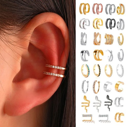 Anting klip ear cuff gaya Korea dua lapis dengan kristal — desain ular zircon, tanpa tindik