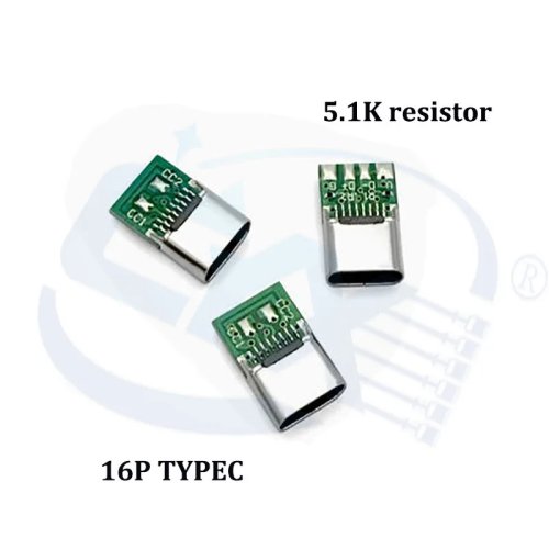 Conector USB Tipo-C 3.1 16 pines (hembra) para carga y datos, resistencia pull-down 5.1 kΩ, para soldar en PCB (DIY)