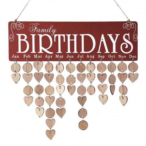 Calendario appendibile in legno per compleanni fai-da-te con dischi a forma di cuore per nomi e date