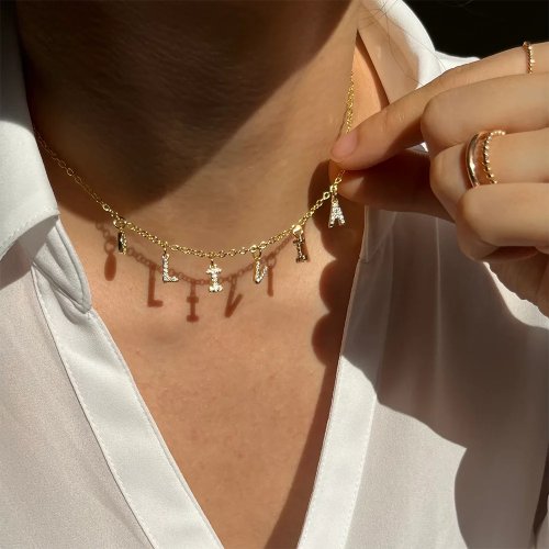 Personalized Pavé Initial Necklace for Women — Stainless Steel Cubic Zirconia Dainty Letter Choker