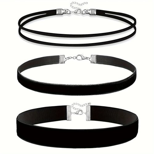 Conjunto de 3 chokers pretos para mulher — colares tipo colarinho em veludo, sobrepostos, estilo clássico