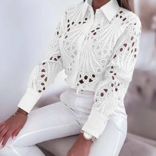 Blusa de mujer manga larga con encaje calado, elegante y casual para primavera/otoño, perfecta para ir a la oficina