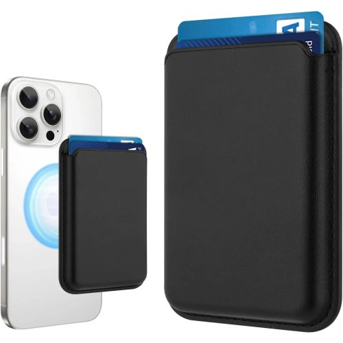MagSafe 호환 가죽 느낌 TPU 자석 카드 지갑형 보호 케이스 (iPhone 12–17용), 카드 2장 수납, 블랙