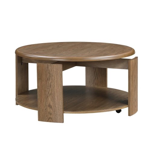 Brown round swivel-top coffee table with open shelf and casters