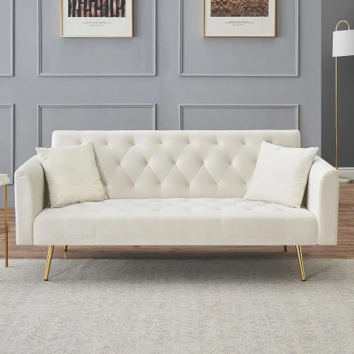 Sofá cama convertible de terciopelo con respaldo ajustable, sofá 2 plazas reclinable para espacios pequeños — Beige
