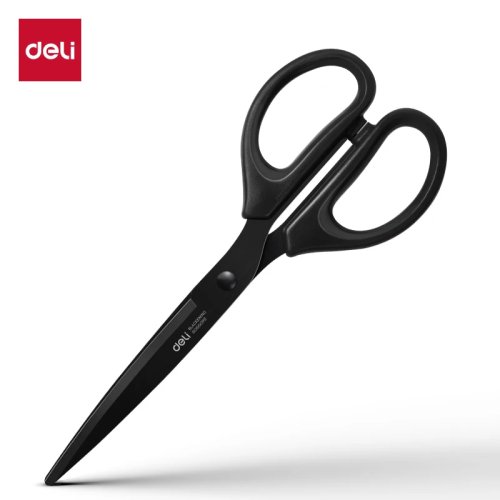 Ciseaux Deli 180 mm (7") lame noire, acier inoxydable, anti‑rouille, tranchants – Bureau/Maison/École/Loisirs créatifs
