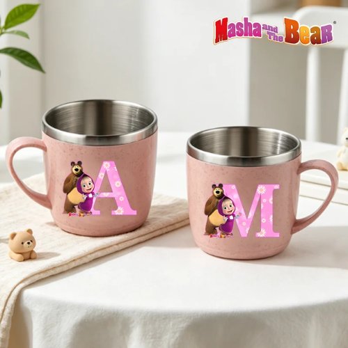 Masha et Michka gobelet en inox 304 – Tasse kawaii Lettres A–Z, rebord anti‑brûlure pour café, lait, eau, idéale pour camping, cadeau