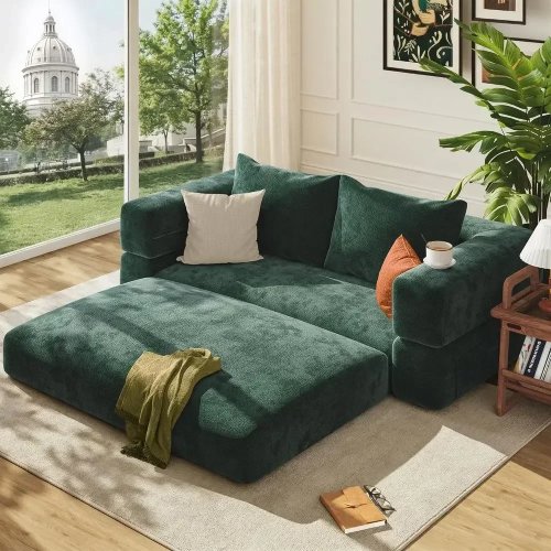 Sofa rozkładana 2,29 m (7,5 ft) 4 w 1 z poduszką, tapicerka chenille, sofa do salonu/sypialni, kolor szałwiowy