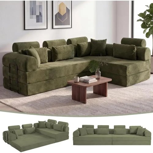 Sofa bed convertible 4-in-1 bahan korduroi, sudut L (bentuk tetap) 3-seater, untuk ruang tamu, hijau muda, 108 in (≈274 cm)