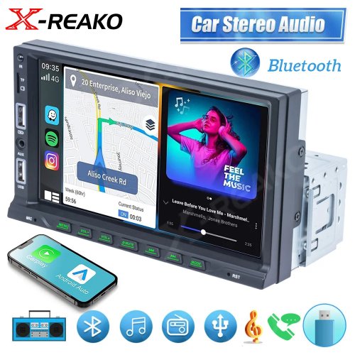 Rádio de carro 1 DIN 7 polegadas X-REAKO — CarPlay e Android Auto, leitor multimédia Bluetooth, USB, TF, FM, entrada para câmara