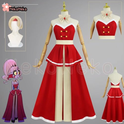 Trang phục cosplay Charlie Morningstar (Hazbin Hotel) – váy dạ hội đỏ dài phong cách Lolita + tóc giả vàng, nữ