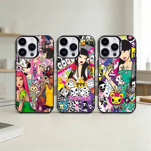 Retro schattig V‑Vibe Tokidoki iPhone‑hoesje zilverkleurig voor iPhone 17/16/15/14/13/12/11 (Pro/Max/Plus)