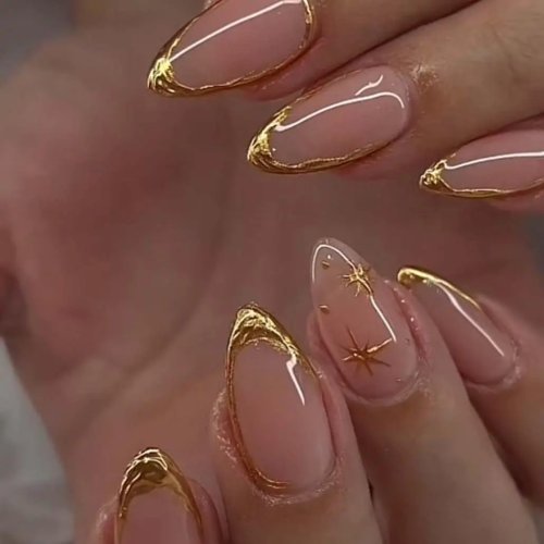 Set Unghie Press-On Almond 24 pz — Linea oro, lucide full cover acrilico con colla jelly e lima, per uso quotidiano e feste