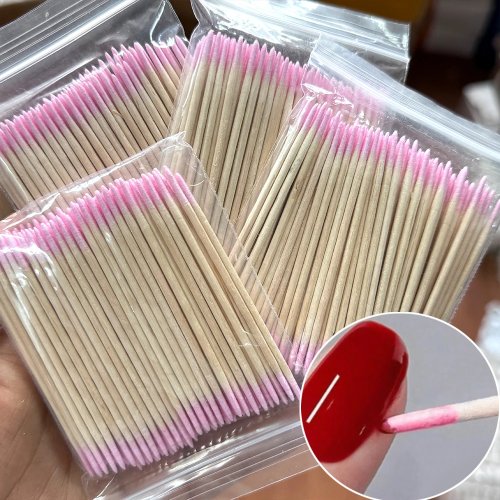 400 un. Empurradores de cutículas dupla face rosa + palitos de madeira laranja 7 cm e hastes de algodão — Ferramentas de manicure para remover cutículas, limpar e aplicar strass/maquilhagem