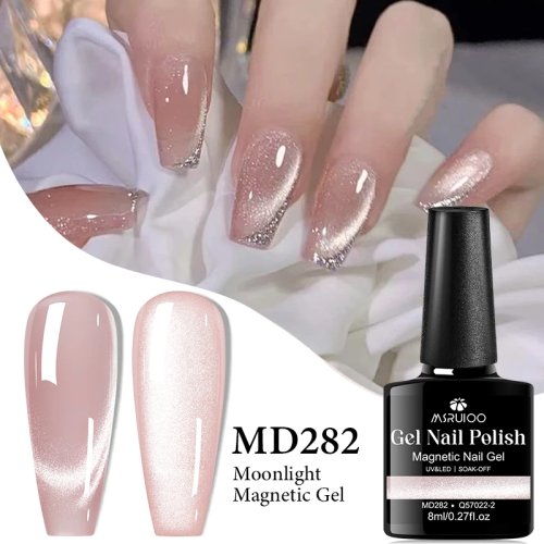 MSRUIOO 8ml 문라이트 캣 마그네틱 젤 폴리시(캣아이) — 핑크/실버 글리터, 반영구, 프렌치 스타일, UV/LED 겸용