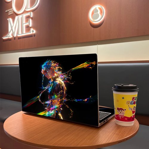 Stiker vinyl laptop prisma berkilau pelangi — dekal figur pria bergaya manga dengan efek kilau cair