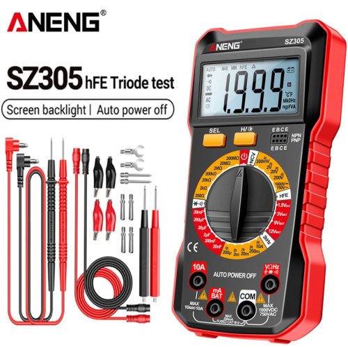 Multímetro digital ANENG SZ305 - Medidor AC/DC, amperímetro, capacitancia, prueba hFE de transistores, detector de tensión sin contacto (NCV)