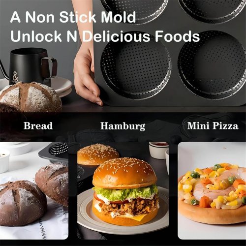 BOFO 4-cavity non-stick carbon steel hamburger bun pan, 5-inch (12.5 cm) mold for homemade burger buns