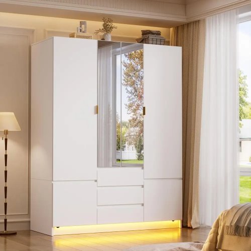 Lemari pakaian berdiri besar untuk kamar tidur dengan lampu LED, cermin penuh dan tiang gantung