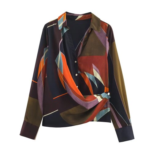Chemise femme à double col, imprimé style américain, manches longues, design assemblé — printemps/automne