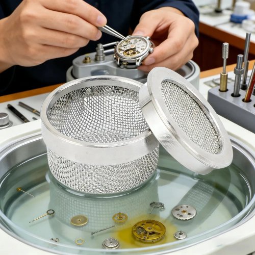 Cesta de malla de acero inoxidable para reparación de relojes – Soporte para limpiador ultrasónico, para piezas pequeñas de relojería y joyería