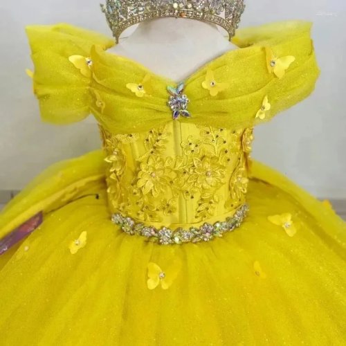 Elegant yellow flower-girl dress - off-shoulder with appliqué, floor-length gown for wedding, first communion, pageant, birthday