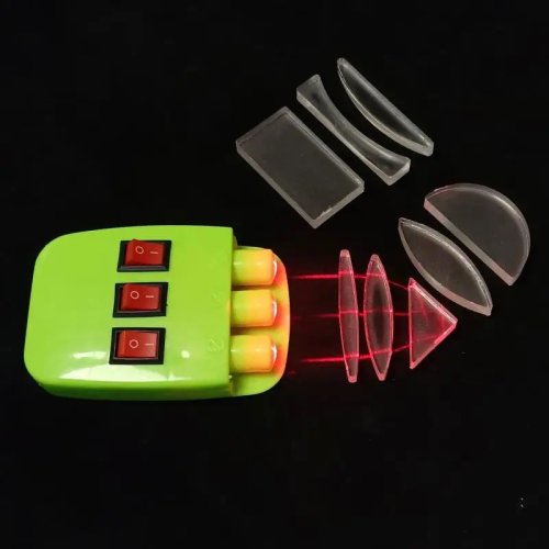 Kit de ótica para física — lentes convexas, bloco de plexiglass e fonte laser em linha para experiências de refração