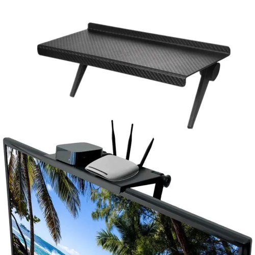 Soporte sin taladro para TV/monitor — estante para router y decodificador