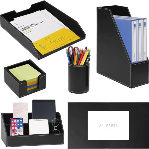 Set organisateur de bureau 6 pièces en cuir noir — sous-main, plateau, porte-stylos, support post-it, porte-revues et trieur de courrier