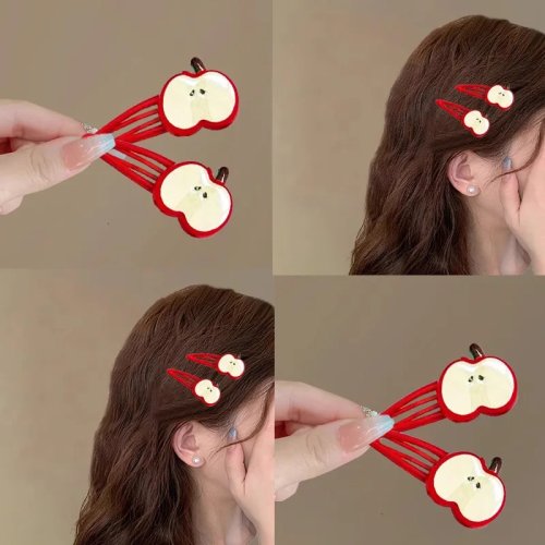 2 pcs Jepit Rambut Apple & Bintang (Klip Bebek) — Hiasan Samping/poni untuk Anak & Wanita