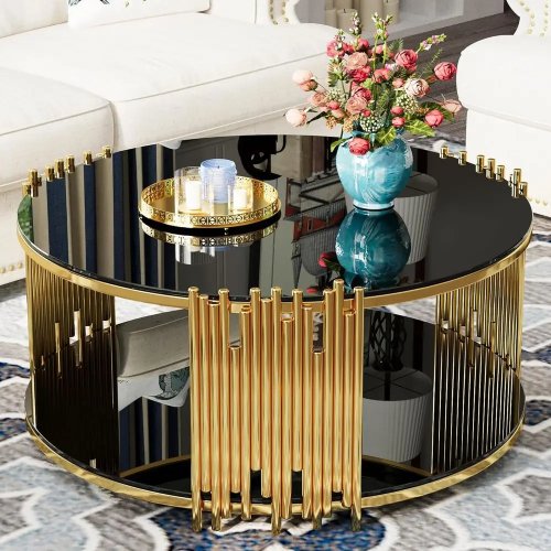 Mesa de centro em vidro preta e dourada com pés em aço inoxidável — design de dois níveis