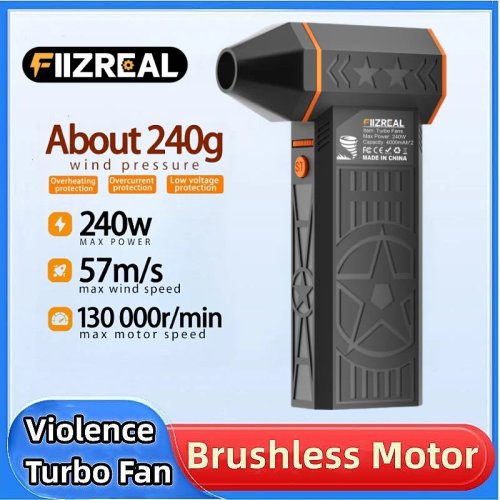 مروحة Fiizreal X50 توربو بدون فرش 240 واط محمولة عالية السرعة، بطارية 8000mAh قابلة للشحن، سرعة هواء 57 م/ث، شحن USB-C