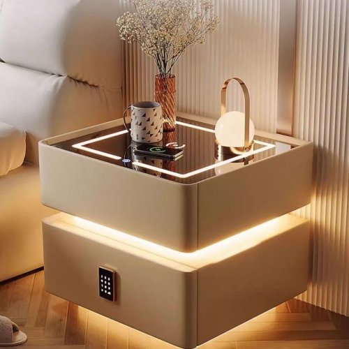 Modern solid wood smart bedside table with wireless charging and Bluetooth — luxury multi-function nightstand