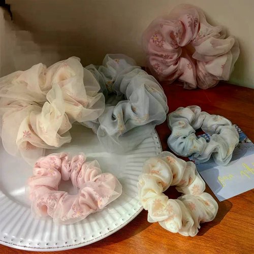 Scrunchie de organza de seda doble capa con flor, liga para cabello (coleta) para niña