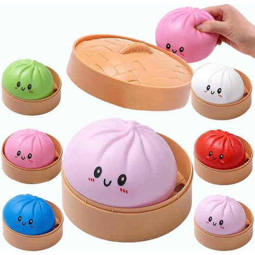 Bánh bao squishy lớn kèm xửng hấp — Đồ chơi cảm quan màu sắc giảm căng thẳng, bóng bóp cho trẻ em và người lớn