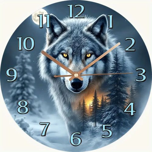 Relógio de parede silencioso com vidro temperado, mostrador azul, grandes marcadores de hora pretos e lobo branco uivando