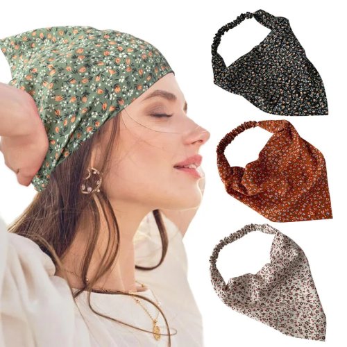Bandana triangular elástica con flores — pañuelo cuadrado ancho tipo turbante/diadema para mujer, accesorio para cabello