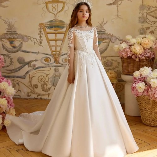Robe personnalisée en dentelle pour demoiselle d'honneur/fillette, manches longues, col montant avec applications – pour mariage, première communion ou anniversaire